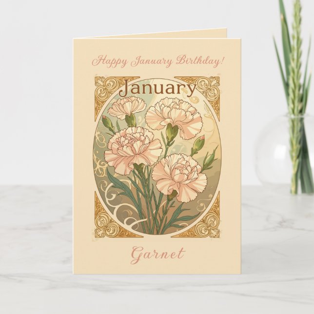 January Birthday Pink Dianthus Flowers Art Nouveau Kort (Framsida)