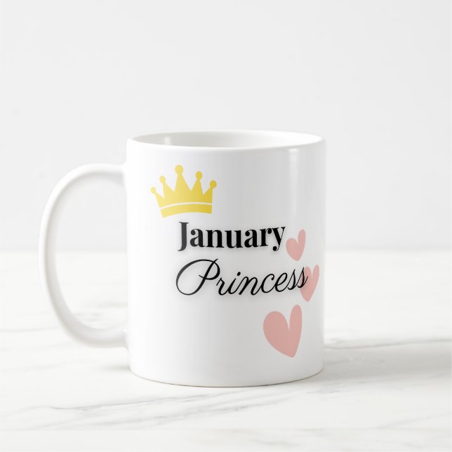 January Princess Mug – Gold Crown & Hearts Design Kaffemugg (Vänster)