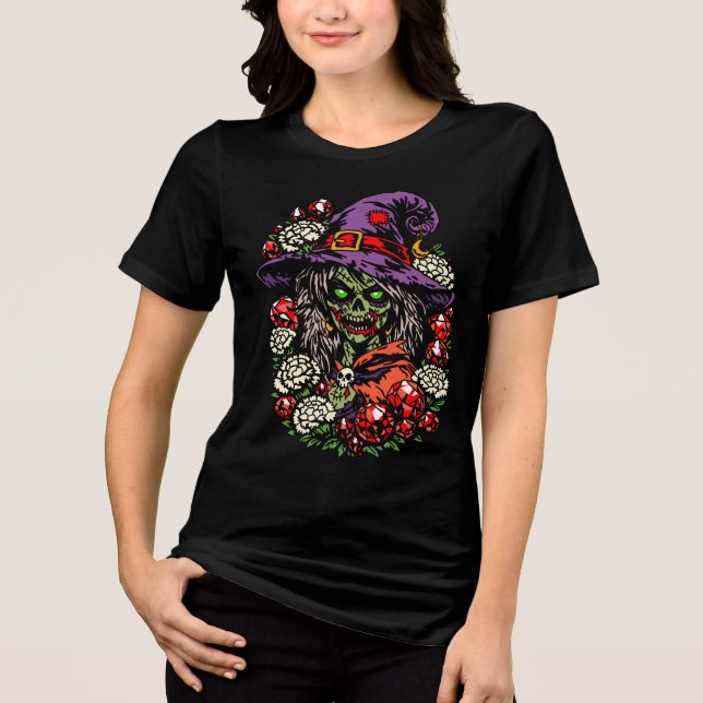 January Zombie Witch with Gems and Flowers T Shirt (Framsida)