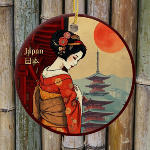 Japan 日 本 maiko geisha pagoda sol julgransprydnad keramik