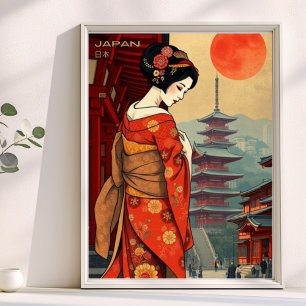 Japan 日 vintage retro 本 geisha pagoda poster
