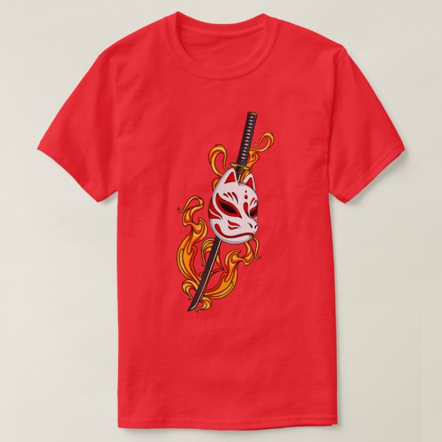 Japan Anime Mask Kitsune Fire Stil Samurai  T Shirt (Design framsida)