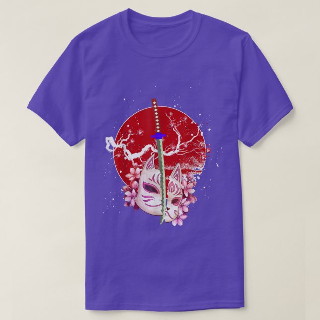Japan Anime Mask Kitsune Sakura Samurai Oni Monste T Shirt (Design framsida)