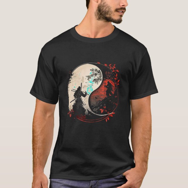Japan Anime Mask Kitsune Samurai Ying Yang Retro A T Shirt (Framsida)