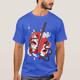 Japan Anime Mask Kitsune Stil Samurai Sword Oni K T Shirt