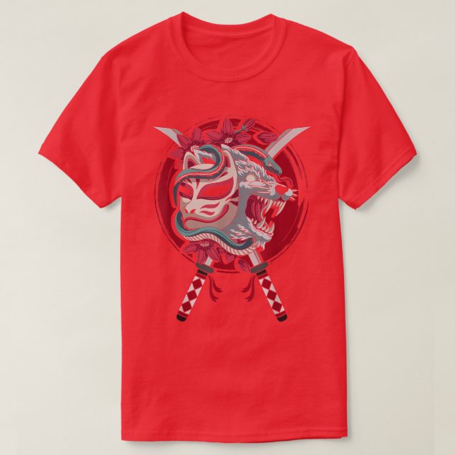 Japan Anime Mask Kitsune Style Samurai Oni Monster T Shirt (Design framsida)