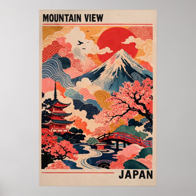 Japan Bergsutsikt Affisch, Retro Mount Fuji Poster (Framsidan)