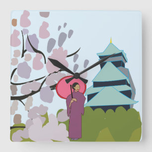 Japan Cherry Blommar Geisha Kimono Fyrkantig Klocka