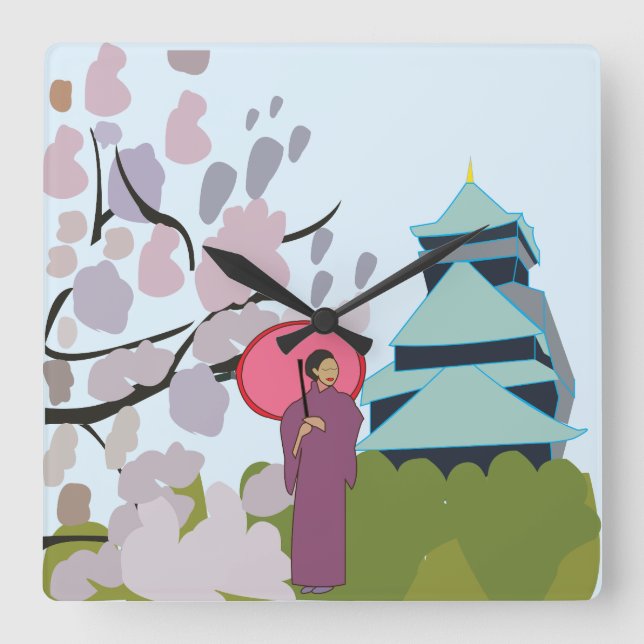 Japan Cherry Blommar Geisha Kimono Fyrkantig Klocka (Framsida)
