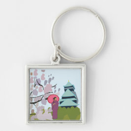 Japan Cherry Blommar Geisha Kimono Fyrkantig Silverfärgad Nyckelring