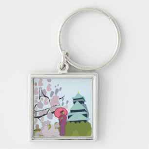 Japan Cherry Blommar Geisha Kimono Fyrkantig Silverfärgad Nyckelring