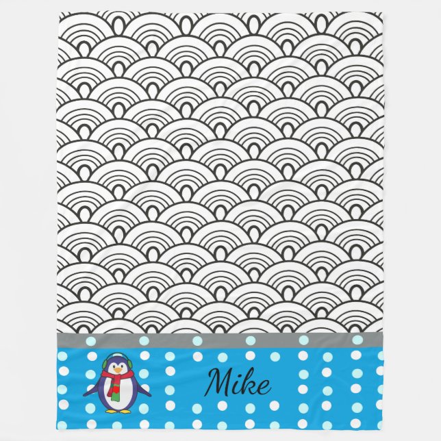 japan Doodles mönster, penguin, ditt namn Fleecefilt (Framsidan)