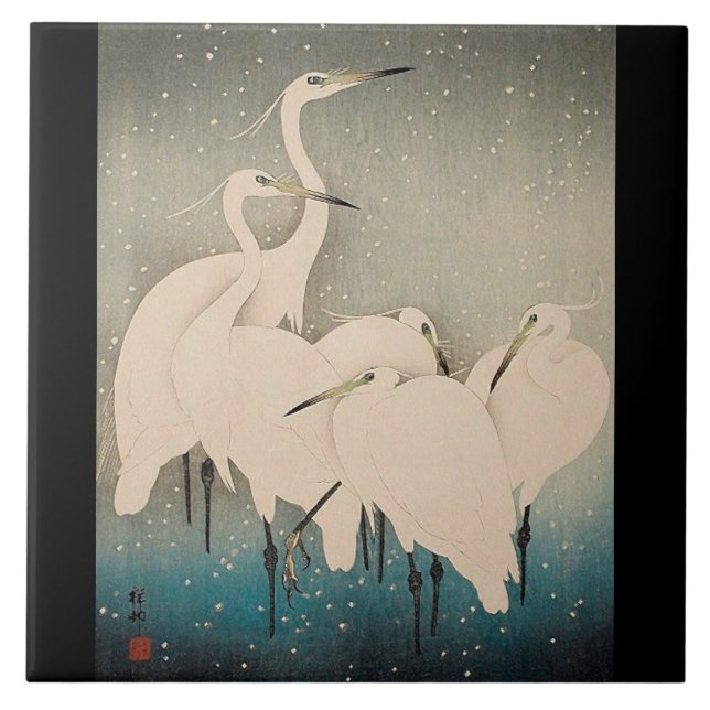 Japan Egrets in Snö Wildlife Birds Ceramic Tile Kakelplatta (Framsidan)