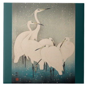 Japan Egrets in Snö Wildlife Birds Ceramic Tile Kakelplatta