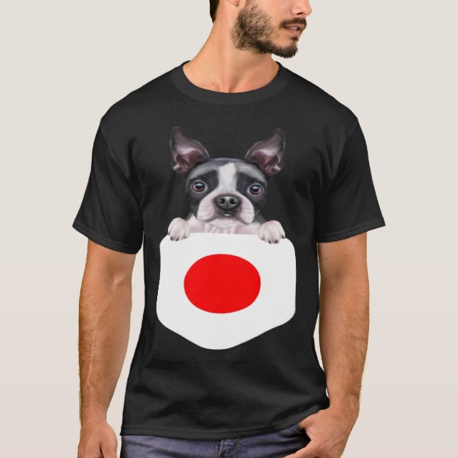 Japan Flag Boston Terrier Dog In Pocket T Shirt (Framsida)