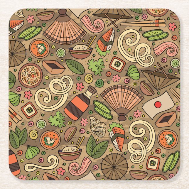 Japan Food: Cute Hand plockade Underlägg Papper Kvadrat (Framsidan)