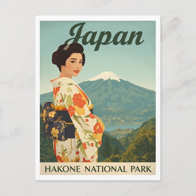 Japan Hakone Fuji Kimono Retro Vykort (Framsida)