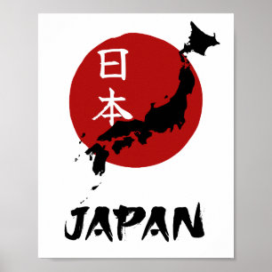 Japan karta med röd sol-dekoration poster
