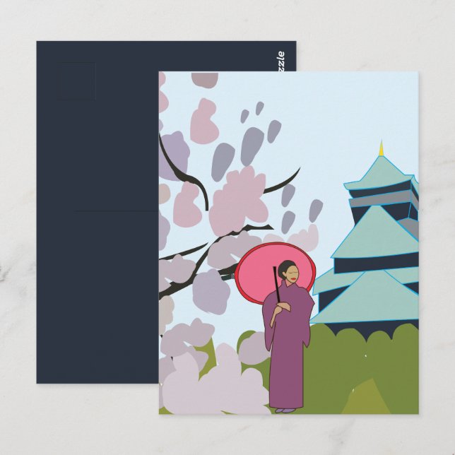 Japan Körsbärsblomning Geisha Kimono Japan Vykort (Fram/baksida)