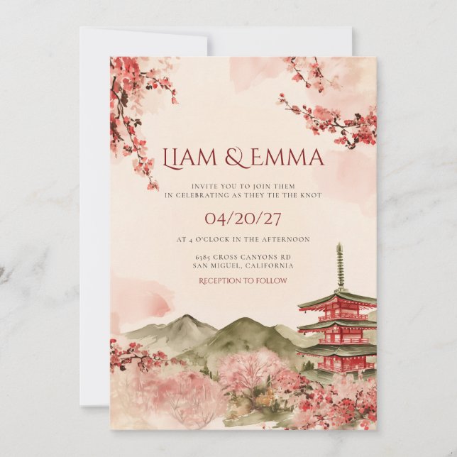 Japan Landskapsberg Sakura Bröllop Inbjudningar (Framsida)