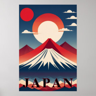 Japan Mount Fuji Geometrisk Resa Röd Sol Poster