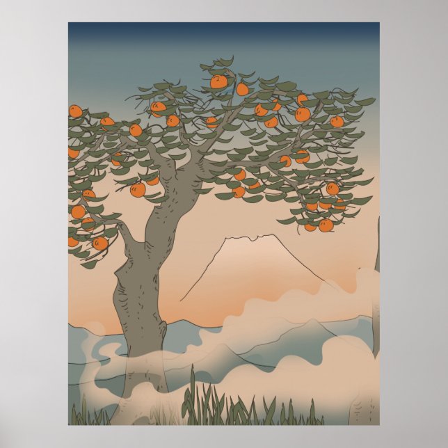 Japan Orange träd i dimman Poster (Framsidan)