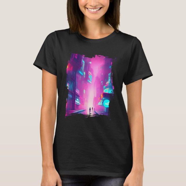 Japan Pink Blue Lights Vaporwave City T Shirt (Framsida)