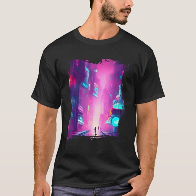 Japan Pink Blue Lights Vaporwave City T Shirt (Framsida)