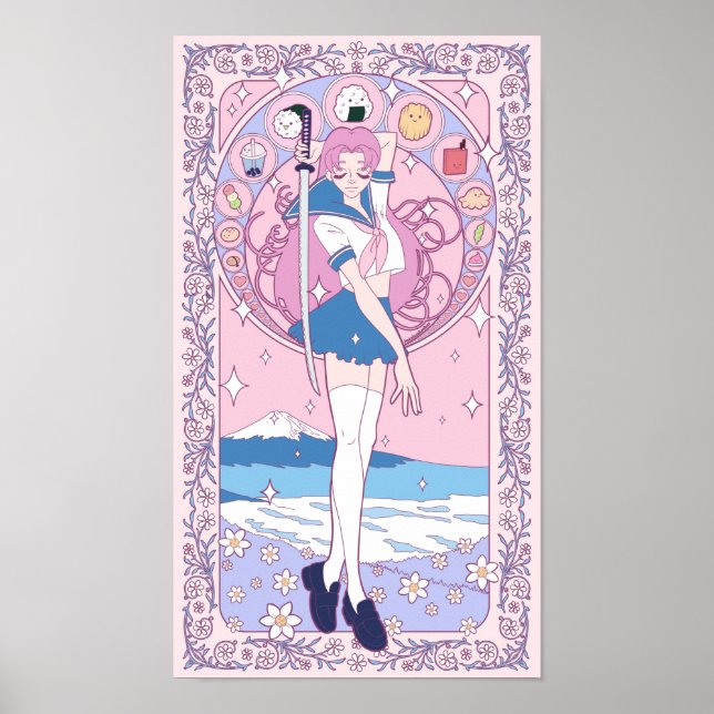 Japan Rosa Anime Schoolgirl Art nouveau Poster (Framsidan)