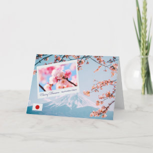 Japan Rosa Cherry Blommar med Flagga och Mount Fuj Kort