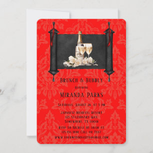 Japan Rulla Red Black Damask Brunch och Bubly Inbjudningar