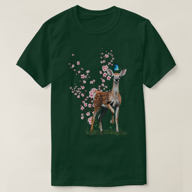 Japan Sakura Cherry Blommar Sika Hjort Japanska T Shirt (Design framsida)