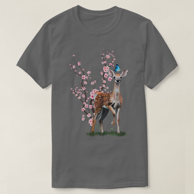 Japan Sakura Cherry Blommar Sika Hjort Japanska T Shirt (Design framsida)