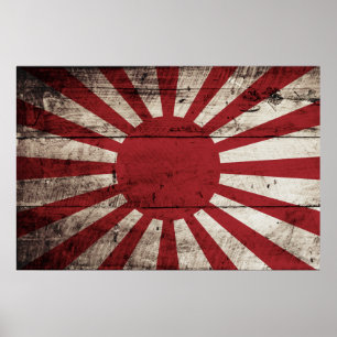Japan Stigning Sol Flagga på gammal träbetskorn Poster