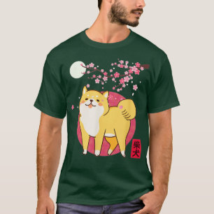 Japan Stil Cherry Blommar Måne Kanji Akita Shiba T Shirt