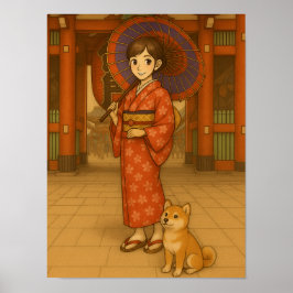 Japan Stroll - Kimono Girl and Shiba hund Art Poster