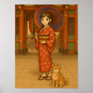 Japan Stroll - Kimono Girl and Shiba hund Art Poster
