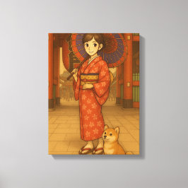 Japan Stroll - Kimono Girl and Shiba hund Art Prin Canvastryck