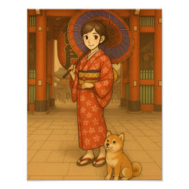 Japan Stroll - Kimono Girl and Shiba hund Art Prin Fototryck