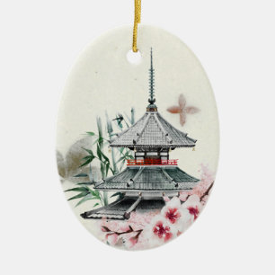 Japan Temple, Bamboo, Cherry Blommars jul Julgransprydnad Keramik