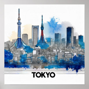 Japan Tokyo Siluett - Tokyo Siluett i akvarell Poster