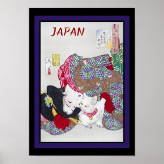 Japan Travel Vintage Fine Art Cat och Kimono Poster