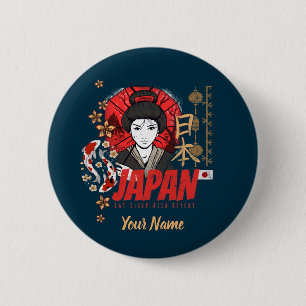 Japan Vintage Geisha med Flagga Koi och Lotus Souv Knapp