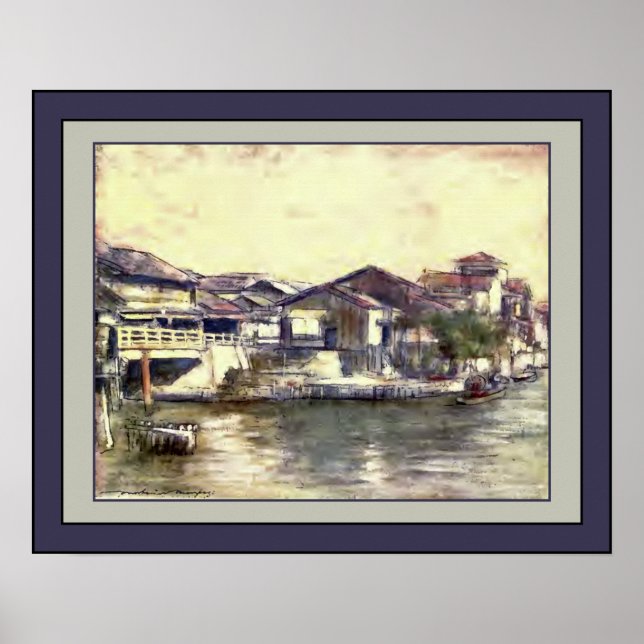 Japan Watercolor ~ "A Tranquil Waterway" ~ 1901 ~ Poster (Framsidan)