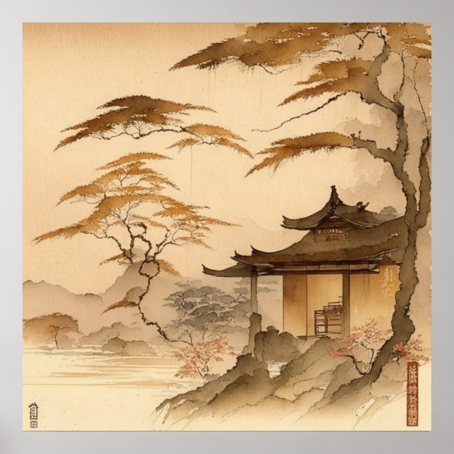 JAPANDI ART JAPAN VILLAGE SCENERY WARM BROWN ART POSTER (Framsidan)