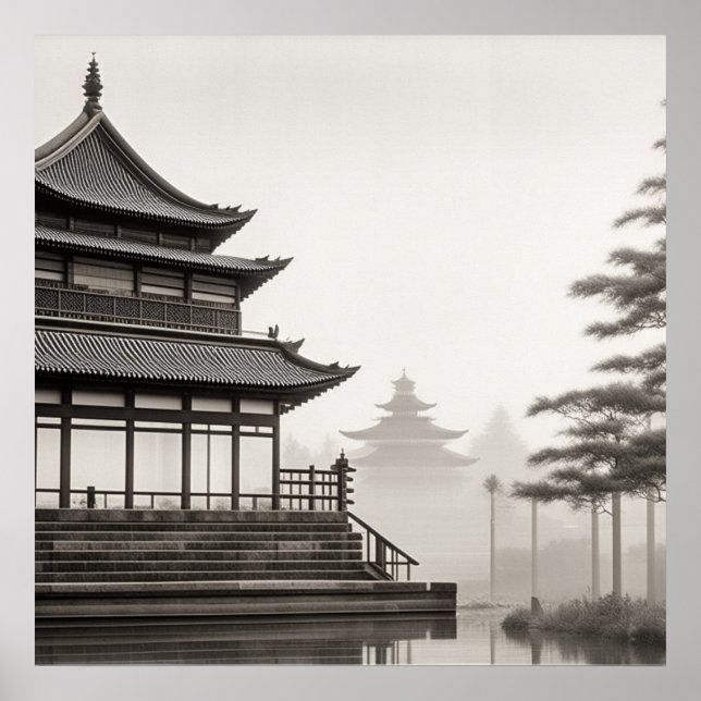 JAPANDI ART VINTAGE VILLAGE SCENERY BLACK WHITE POSTER (Framsidan)