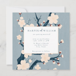 Japandi Blå och rosa bröllopsinbjudan