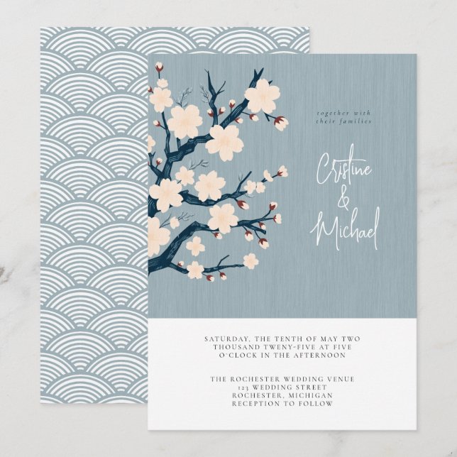 Japandi cherry träd bröllop inbjudningar (Fram/baksida)