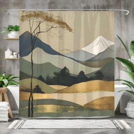 Japandi Guld & Grönt Mountain Landscape