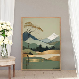 Japandi Guld & Grönt Mountain Landscape Poster